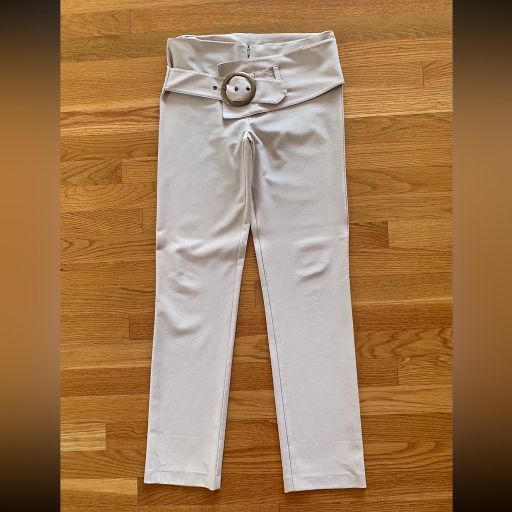 Escandelle Womens Juniors Beige Belted Straight Stretchy Dress Pants Bottom Sz S